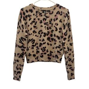 Naadam 100% Cashmere Pullover Sweater Size XS Tan Pink Leopard Print Crew Neck